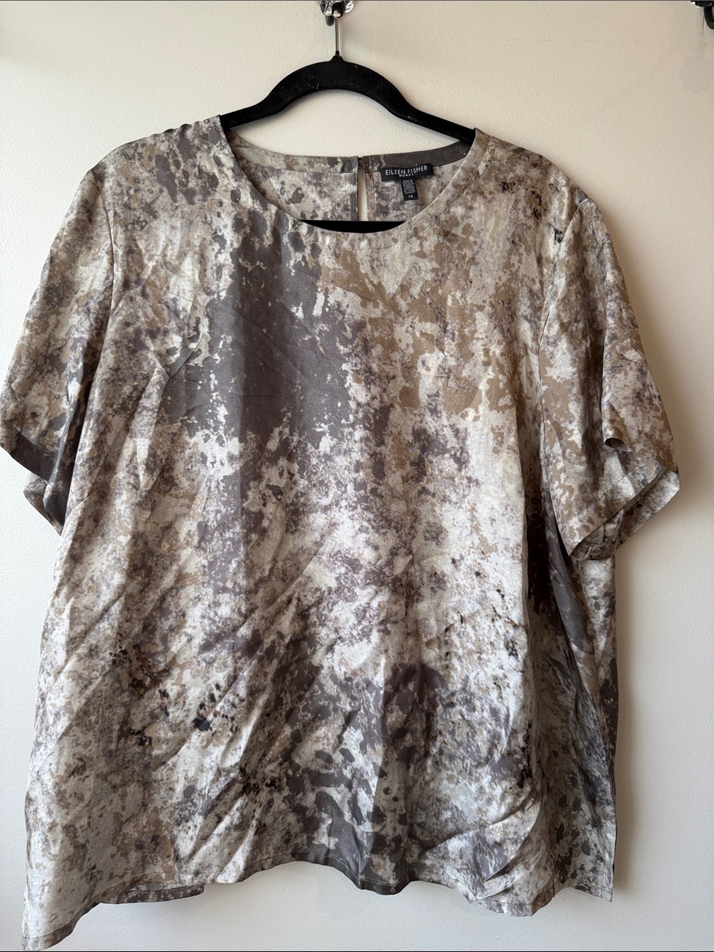 Eileen Fisher Neutral Marble-Effect Short Sleeve Blouse 100% Silk 1X